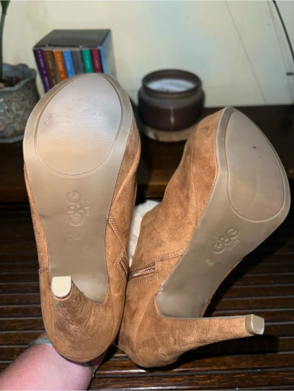 Guess Tan Faux-Suede Ankle Boots with Cream Faux-Fur Cuff